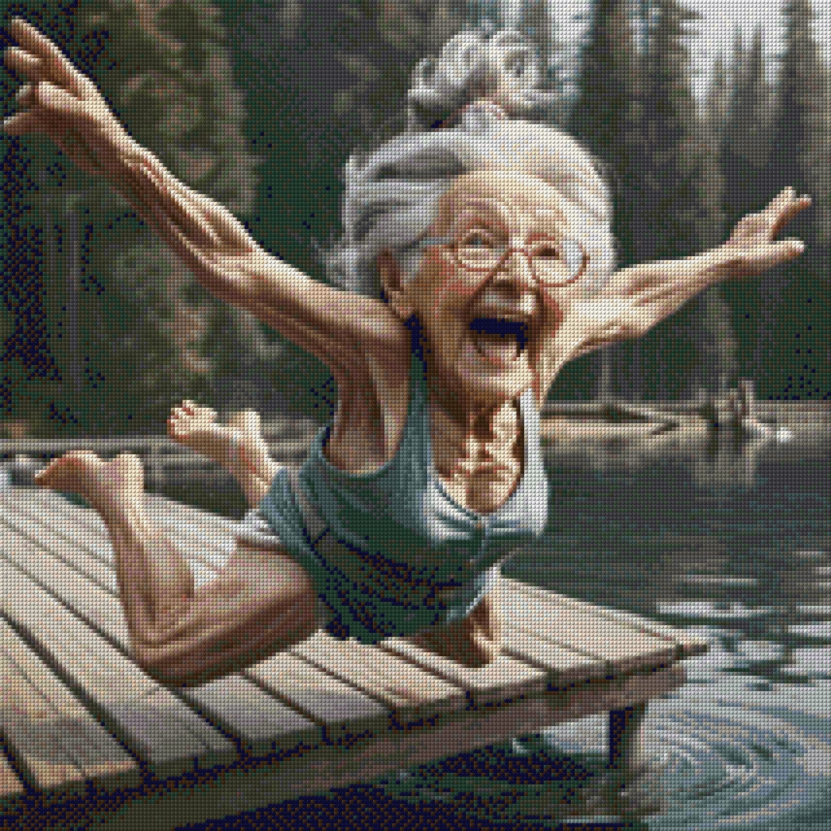 Elderly woman joyfully diving off a dock into a lake. Size - 60cm x 60cm