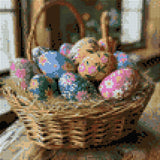 Basket of colourfully painted eggs with floral designs on straw. Size - 30cm x 30cm