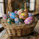 Basket of colourfully painted eggs with floral designs on straw. Size - 50cm x 50cm