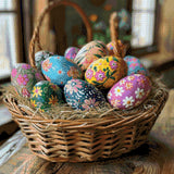 Basket of colourfully painted eggs with floral designs on straw. Size - 60cm x 60cm