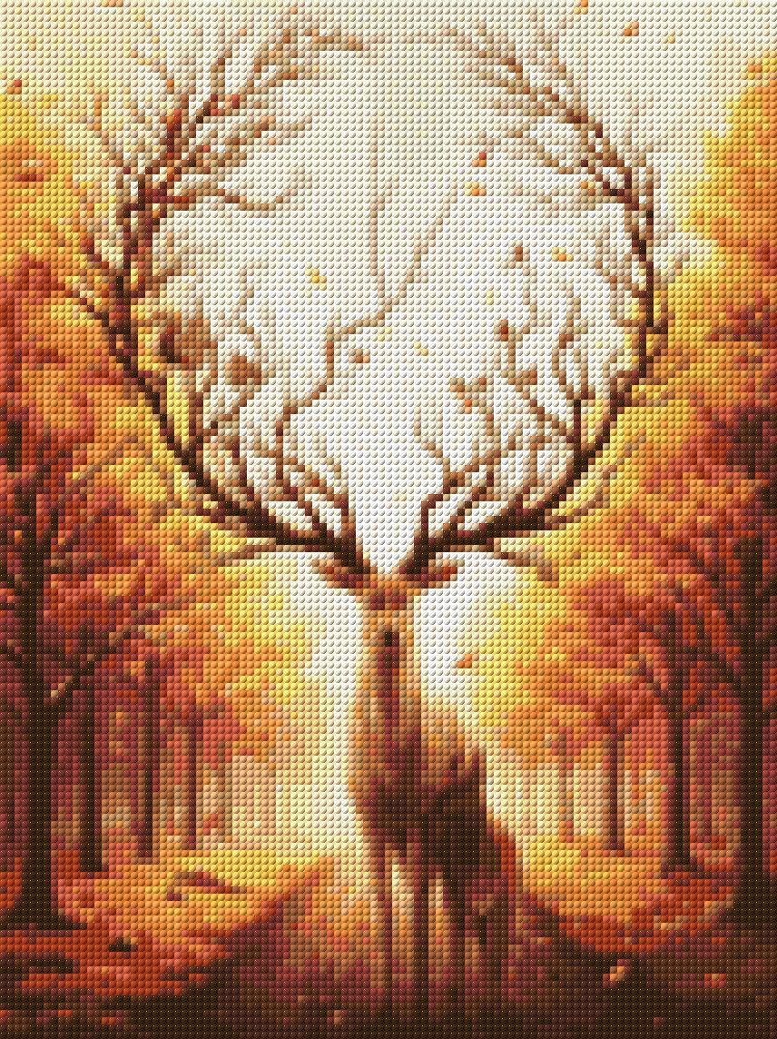 Deer with tree-like antlers and a doe in an autumn forest, with a squirrel on the antlers. Size - 30cm x 40cm