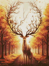 Deer with tree-like antlers and a doe in an autumn forest, with a squirrel on the antlers. Size - 30cm x 40cm