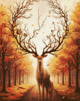 Deer with tree-like antlers and a doe in an autumn forest, with a squirrel on the antlers. Size - 40cm x 50cm