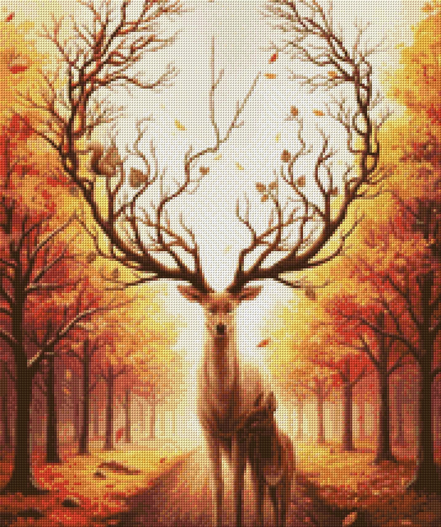 Deer with tree-like antlers and a doe in an autumn forest, with a squirrel on the antlers. Size - 50cm x 60cm