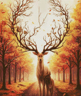 Deer with tree-like antlers and a doe in an autumn forest, with a squirrel on the antlers. Size - 50cm x 60cm