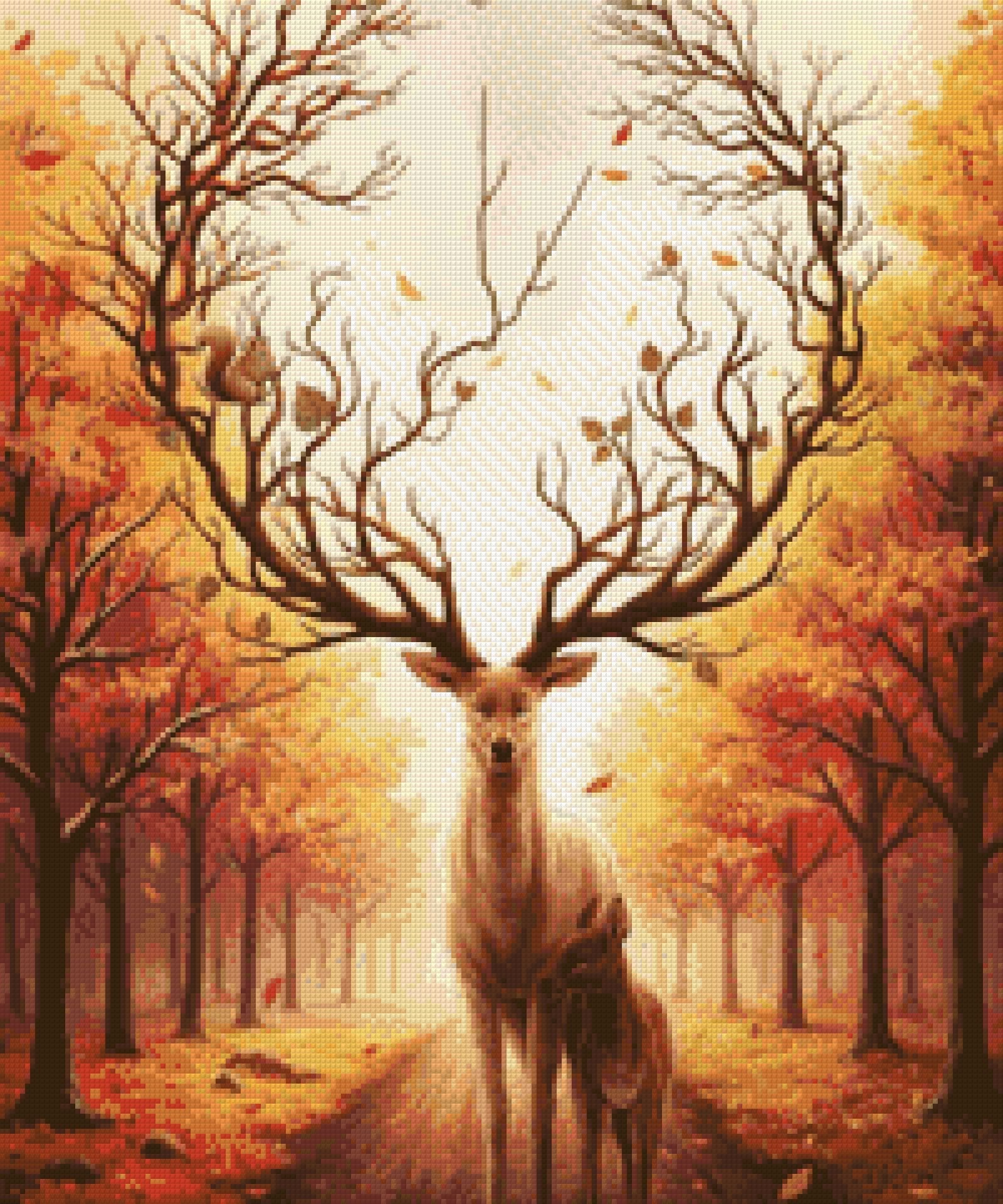 Deer with tree-like antlers and a doe in an autumn forest, with a squirrel on the antlers. Size - 50cm x 60cm