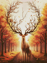 Deer with tree-like antlers and a doe in an autumn forest, with a squirrel on the antlers. Size - 60cm x 80cm