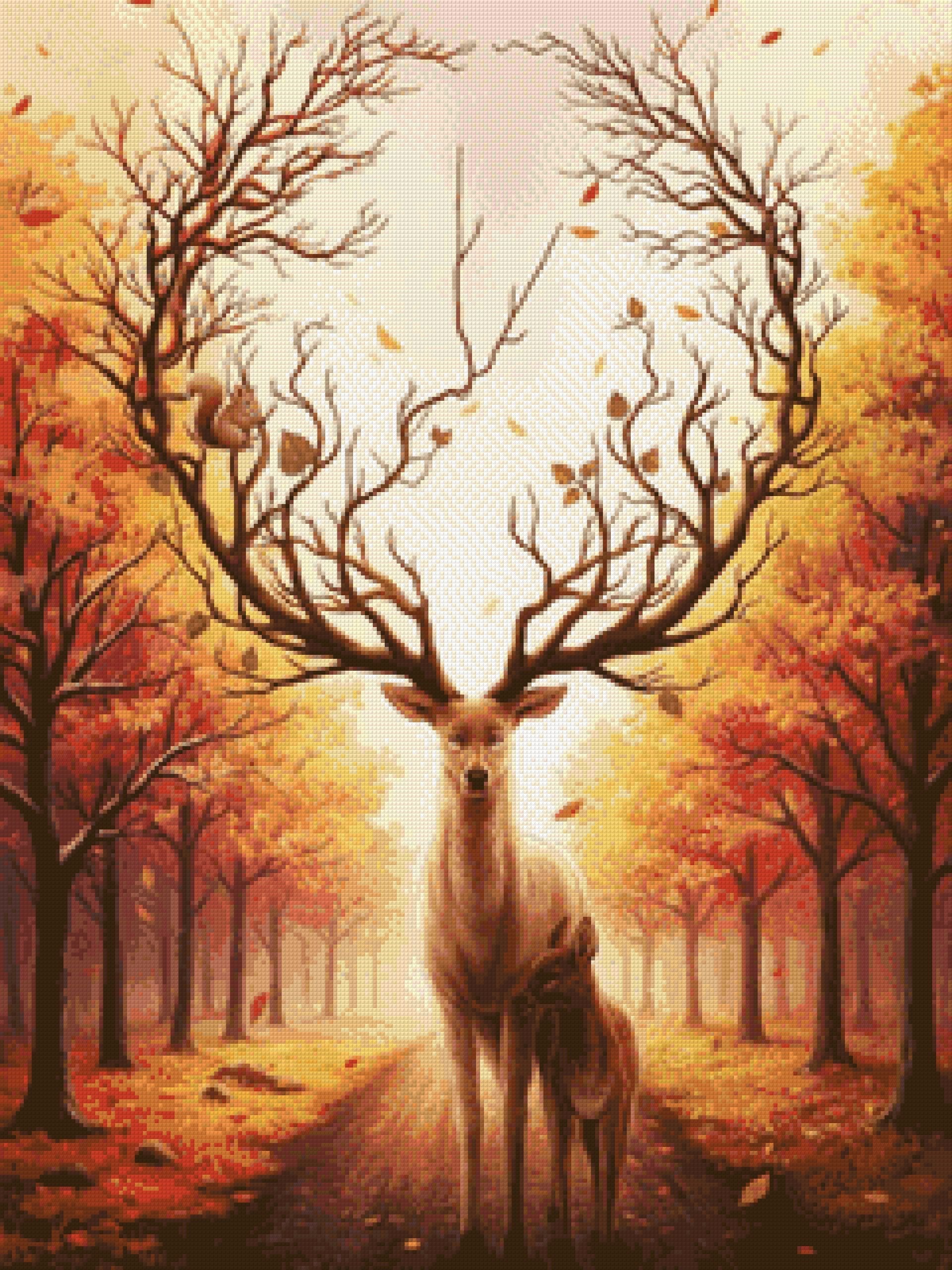 Deer with tree-like antlers and a doe in an autumn forest, with a squirrel on the antlers. Size - 60cm x 80cm