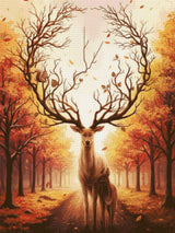 Deer with tree-like antlers and a doe in an autumn forest, with a squirrel on the antlers. Size - 60cm x 80cm
