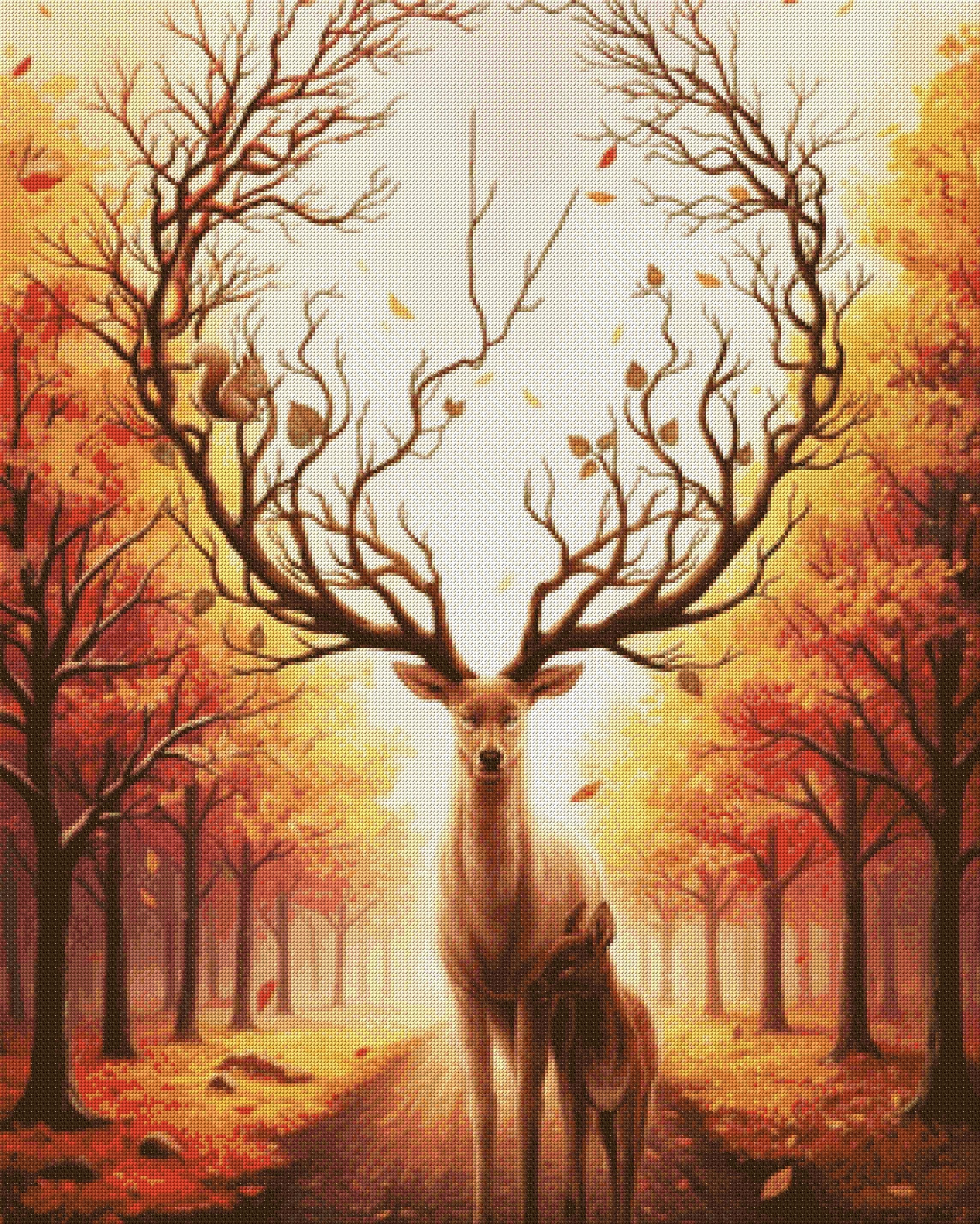 Deer with tree-like antlers and a doe in an autumn forest, with a squirrel on the antlers. Size - 80cm x 100cm