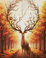 Deer with tree-like antlers and a doe in an autumn forest, with a squirrel on the antlers. Size - 80cm x 100cm