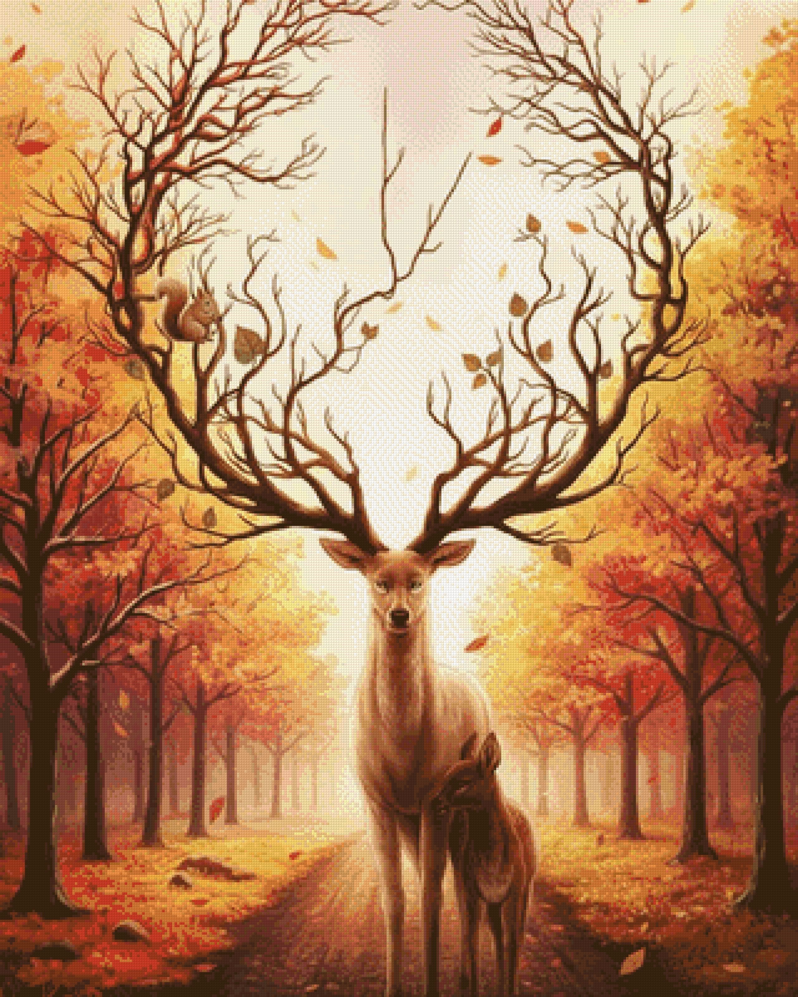 Deer with tree-like antlers and a doe in an autumn forest, with a squirrel on the antlers. Size - 80cm x 100cm