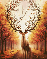 Deer with tree-like antlers and a doe in an autumn forest, with a squirrel on the antlers. Size - 80cm x 100cm