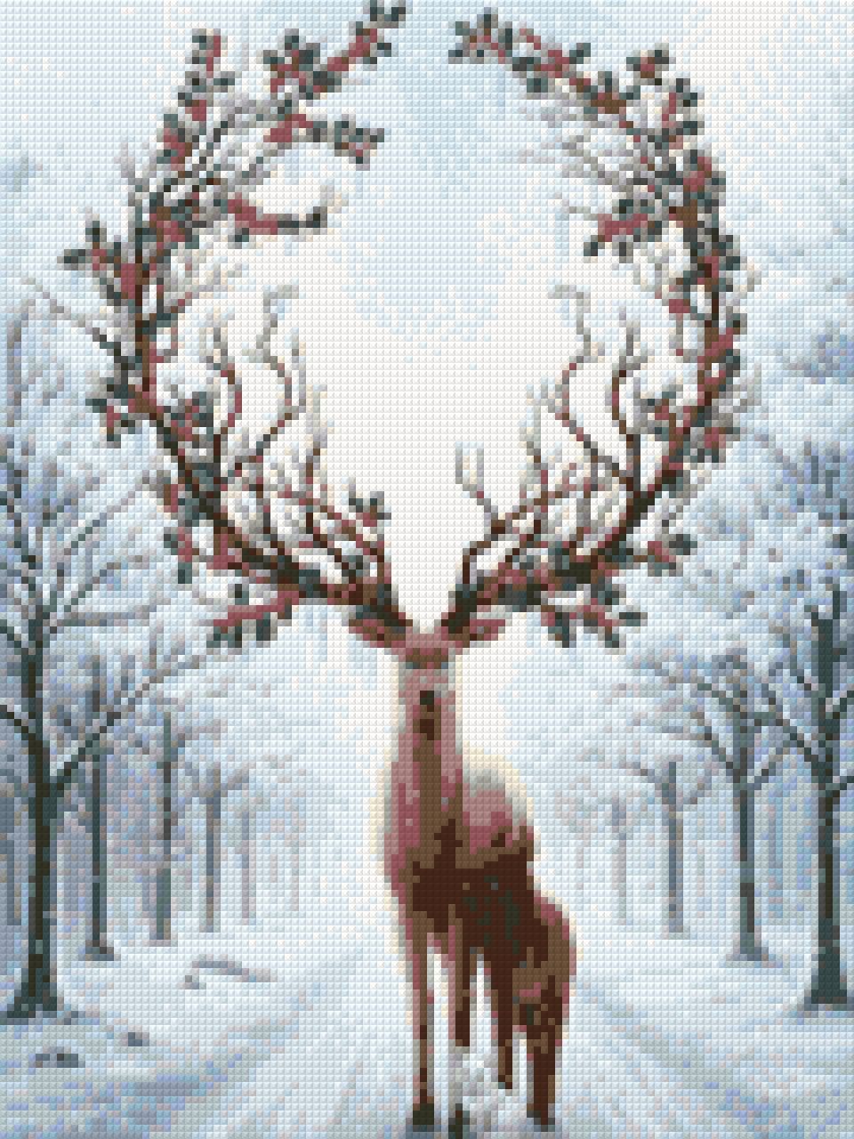 Stag with holly antlers, doe, and white fox in snowy forest. Size - 30cm x 40cm