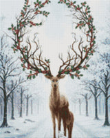 Stag with holly antlers, doe, and white fox in snowy forest. Size - 40cm x 50cm