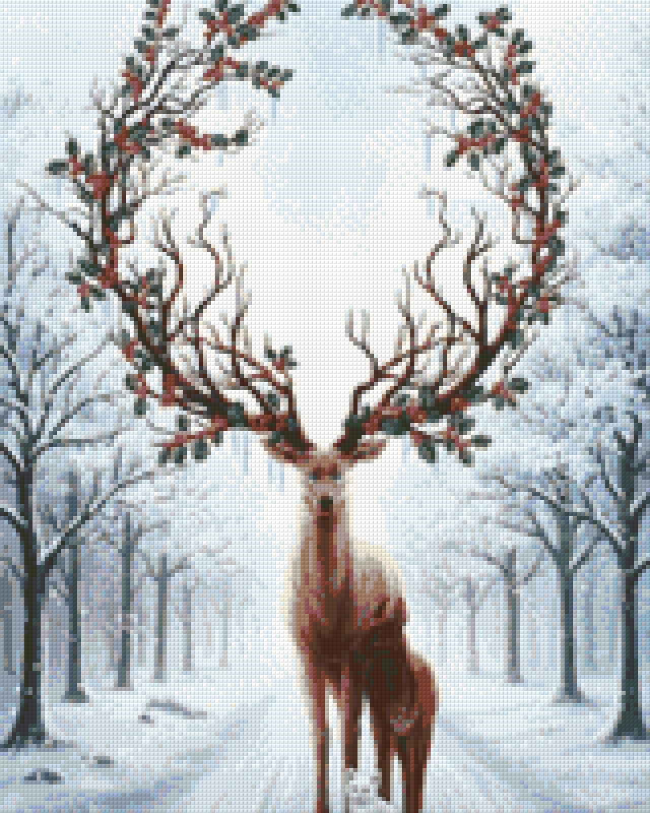 Stag with holly antlers, doe, and white fox in snowy forest. Size - 40cm x 50cm