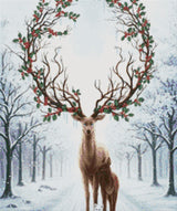 Stag with holly antlers, doe, and white fox in snowy forest. Size - 50cm x 60cm