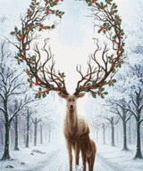 Stag with holly antlers, doe, and white fox in snowy forest. Size - 50cm x 60cm