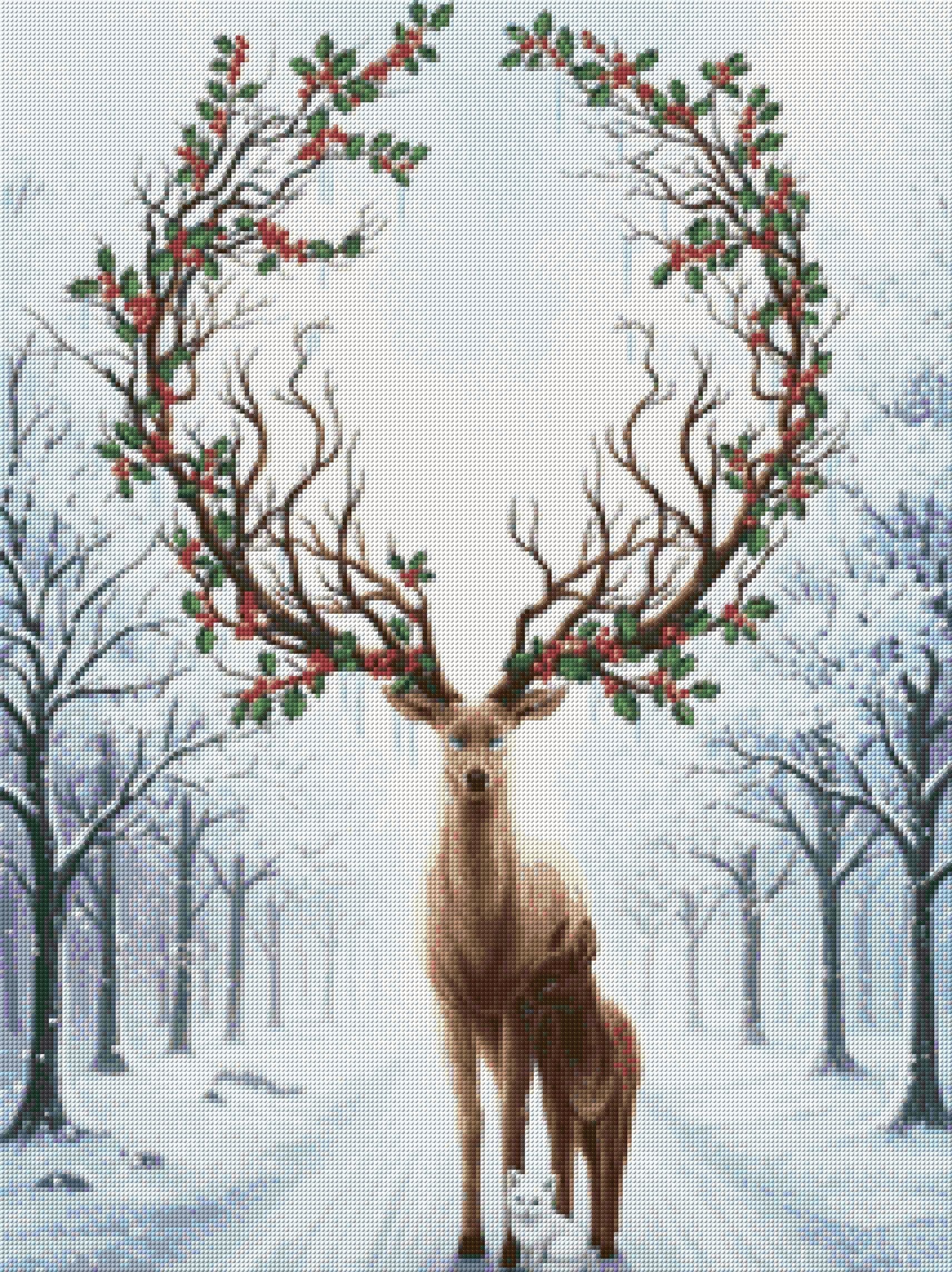 Stag with holly antlers, doe, and white fox in snowy forest. Size - 60cm x 80cm