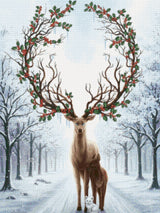 Stag with holly antlers, doe, and white fox in snowy forest. Size - 60cm x 80cm