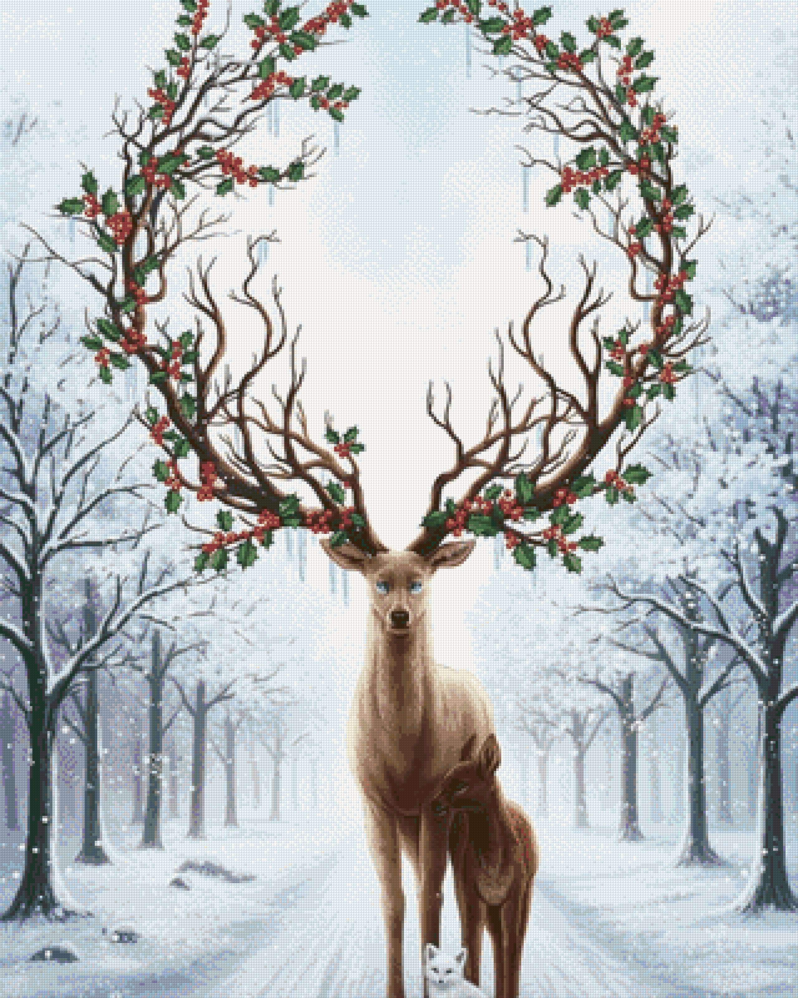 Stag with holly antlers, doe, and white fox in snowy forest. Size - 80cm x 100cm