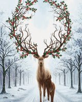 Stag with holly antlers, doe, and white fox in snowy forest. Size - 80cm x 100cm
