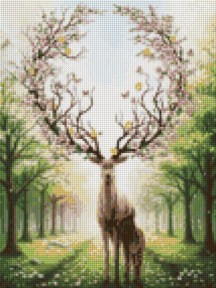 Deer with blossom-adorned antlers and a fawn in a sunlit forest. Size - 30cm x 40cm