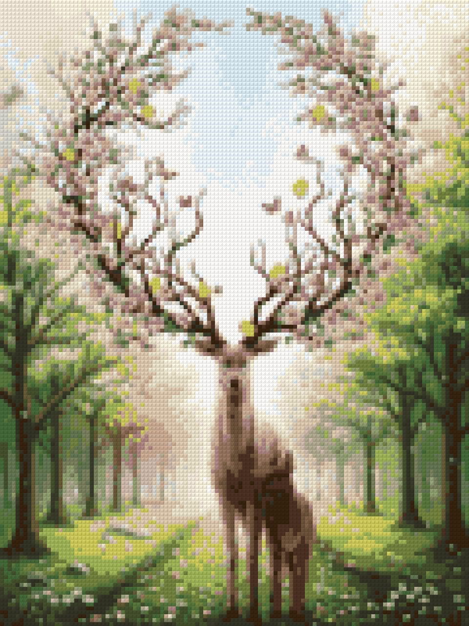 Deer with blossom-adorned antlers and a fawn in a sunlit forest. Size - 30cm x 40cm