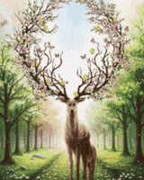 Deer with blossom-adorned antlers and a fawn in a sunlit forest. Size - 40cm x 50cm
