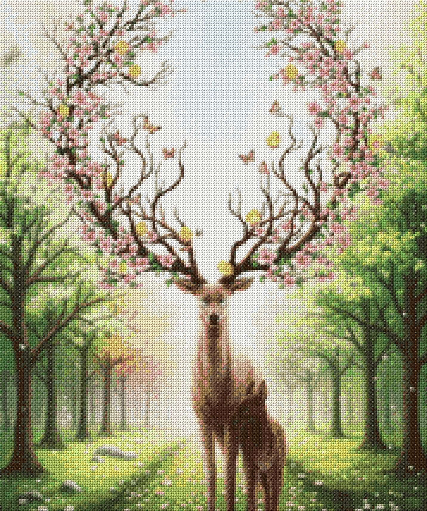 Deer with blossom-adorned antlers and a fawn in a sunlit forest. Size - 50cm x 60cm