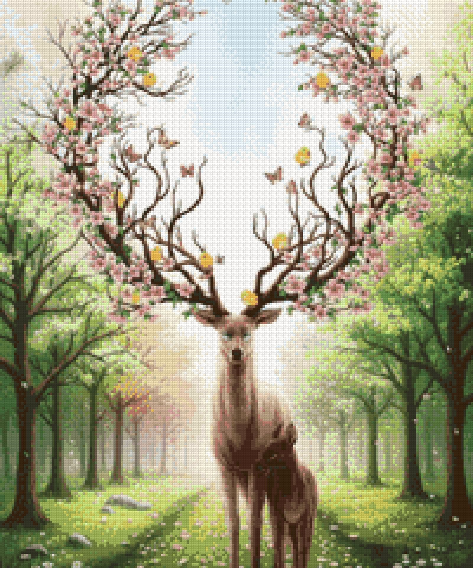 Deer with blossom-adorned antlers and a fawn in a sunlit forest. Size - 50cm x 60cm