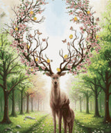 Deer with blossom-adorned antlers and a fawn in a sunlit forest. Size - 50cm x 60cm