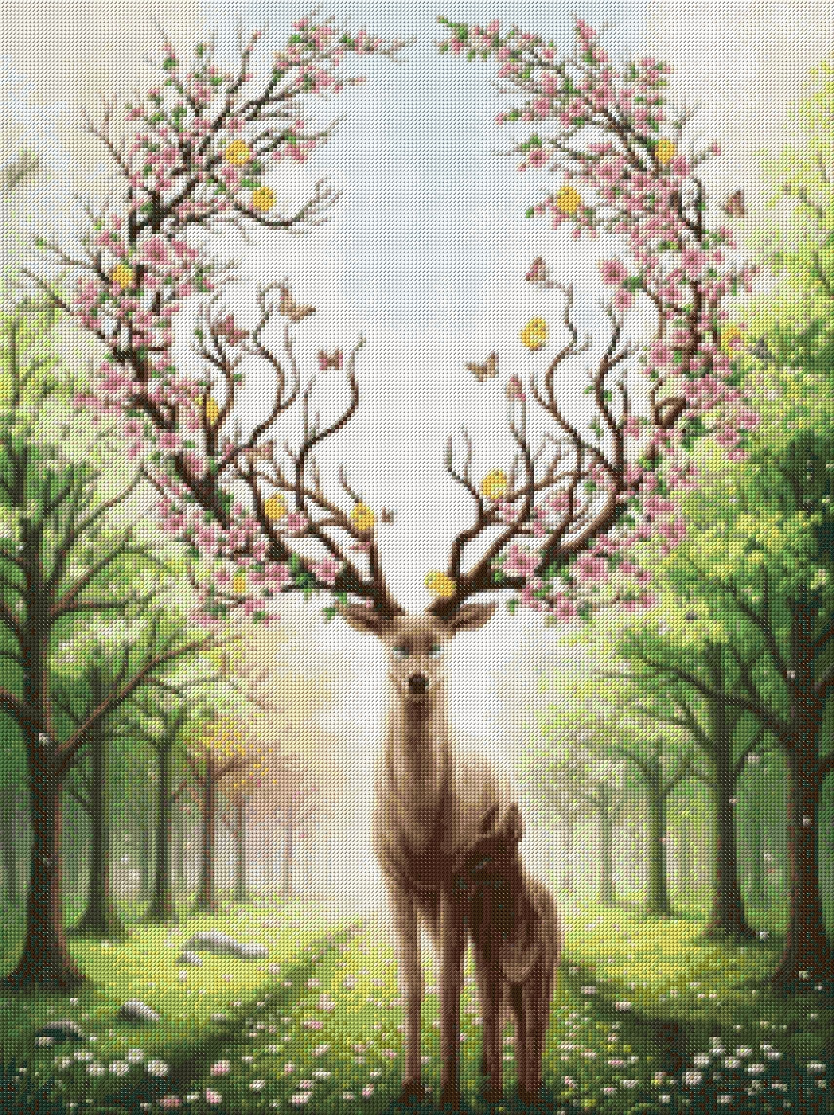 Deer with blossom-adorned antlers and a fawn in a sunlit forest. Size - 60cm x 80cm