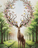 Deer with blossom-adorned antlers and a fawn in a sunlit forest. Size - 80cm x 100cm