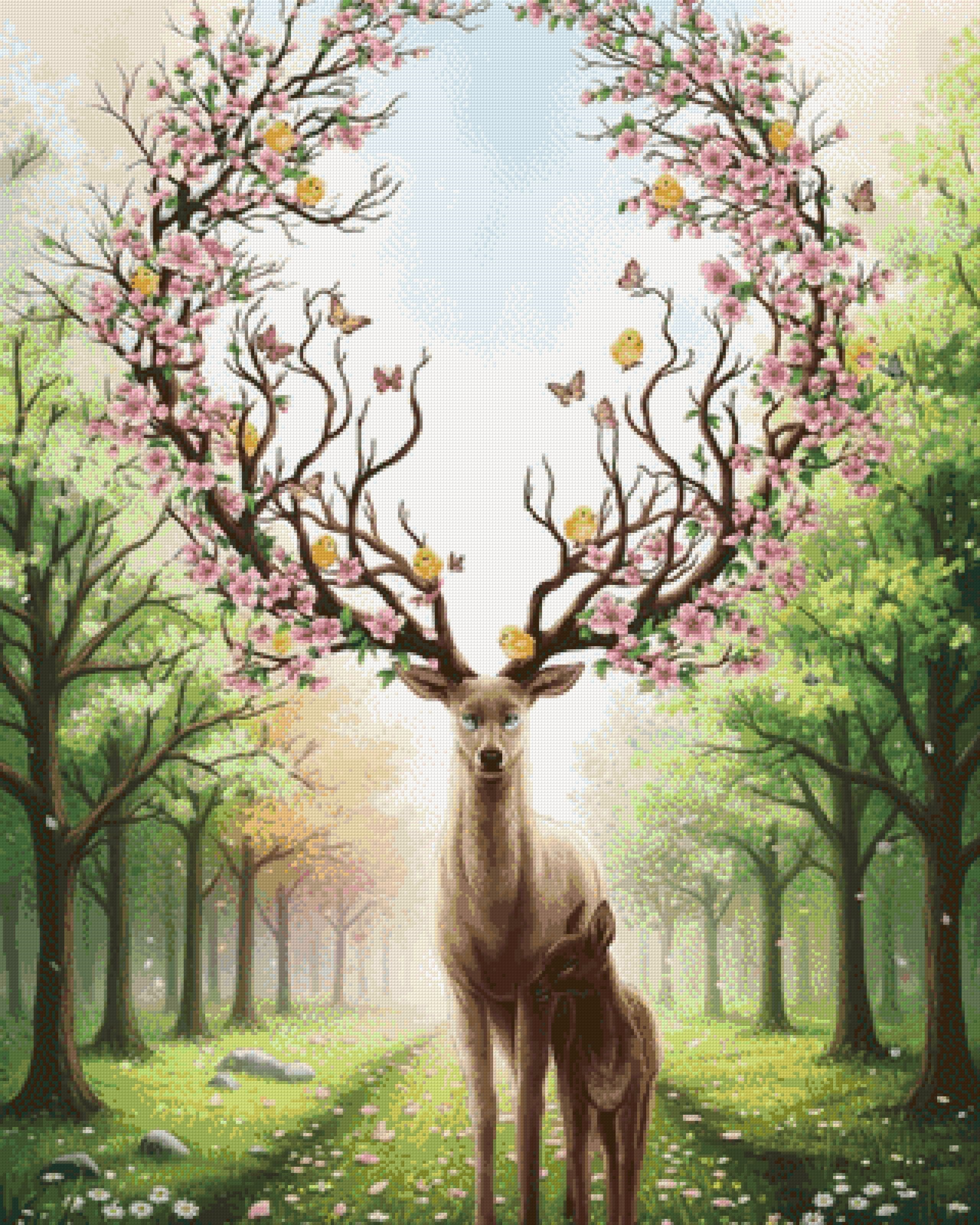 Deer with blossom-adorned antlers and a fawn in a sunlit forest. Size - 80cm x 100cm