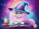 A fluffy cat with a wizard hat sits on a spellbook under a colourful cosmic sky. Size - 80cm x 60cm