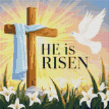 Cross with a blue cloth, dove, lilies, and 'He is Risen' text. Size - 30cm x 30cm