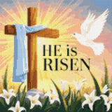 Cross with a blue cloth, dove, lilies, and 'He is Risen' text. Size - 30cm x 30cm