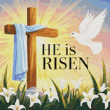 Cross with a blue cloth, dove, lilies, and 'He is Risen' text. Size - 50cm x 50cm