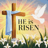 Cross with a blue cloth, dove, lilies, and 'He is Risen' text. Size - 50cm x 50cm