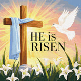 Cross with a blue cloth, dove, lilies, and 'He is Risen' text. Size - 60cm x 60cm