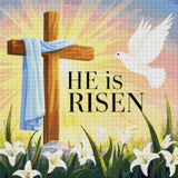 Cross with a blue cloth, dove, lilies, and 'He is Risen' text. Size - 80cm x 80cm
