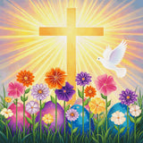 Golden cross with sun rays, colourful flowers, Easter eggs, and a white dove. Size - 100cm x 100cm