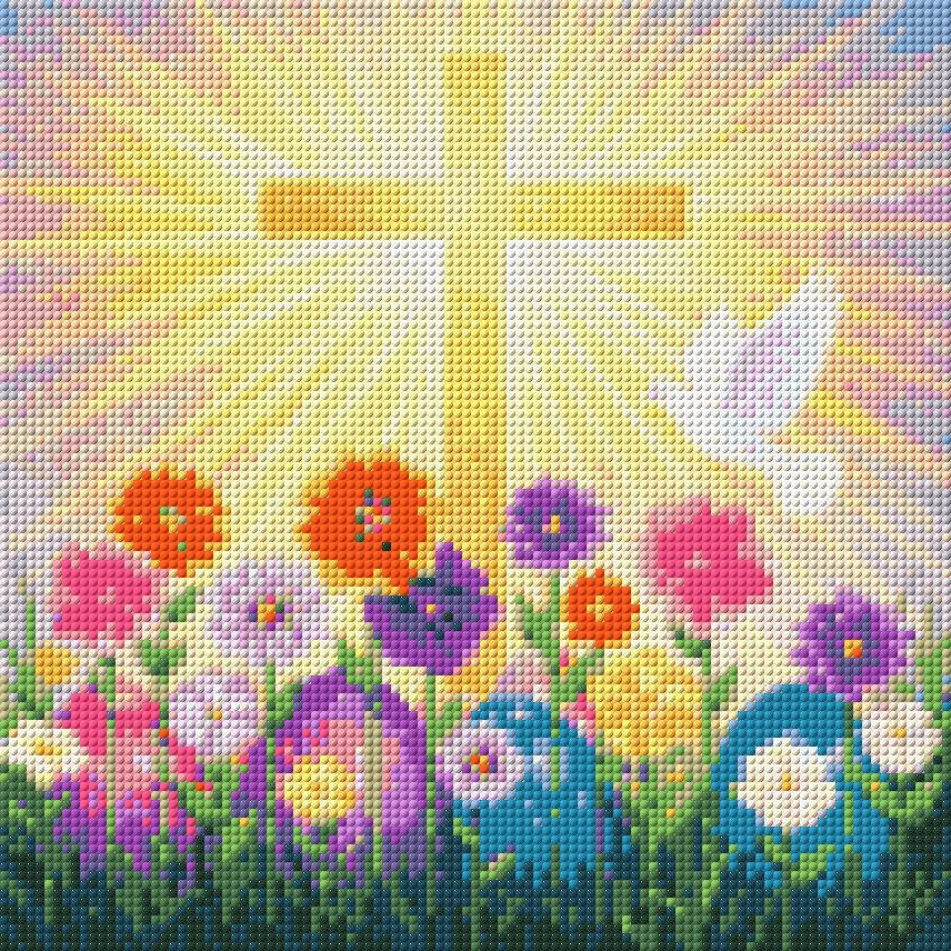 Golden cross with sun rays, colourful flowers, Easter eggs, and a white dove. Size - 30cm x 30cm