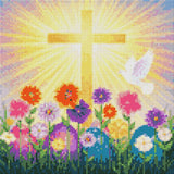 Golden cross with sun rays, colourful flowers, Easter eggs, and a white dove. Size - 30cm x 30cm