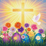 Golden cross with sun rays, colourful flowers, Easter eggs, and a white dove. Size - 50cm x 50cm