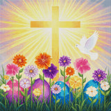 Golden cross with sun rays, colourful flowers, Easter eggs, and a white dove. Size - 60cm x 60cm
