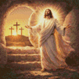 Radiant figure in flowing robes emerges from a tomb, with three crosses on a hill at sunrise. Size - 30cm x 30cm