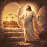 Radiant figure in flowing robes emerges from a tomb, with three crosses on a hill at sunrise. Size - 30cm x 30cm