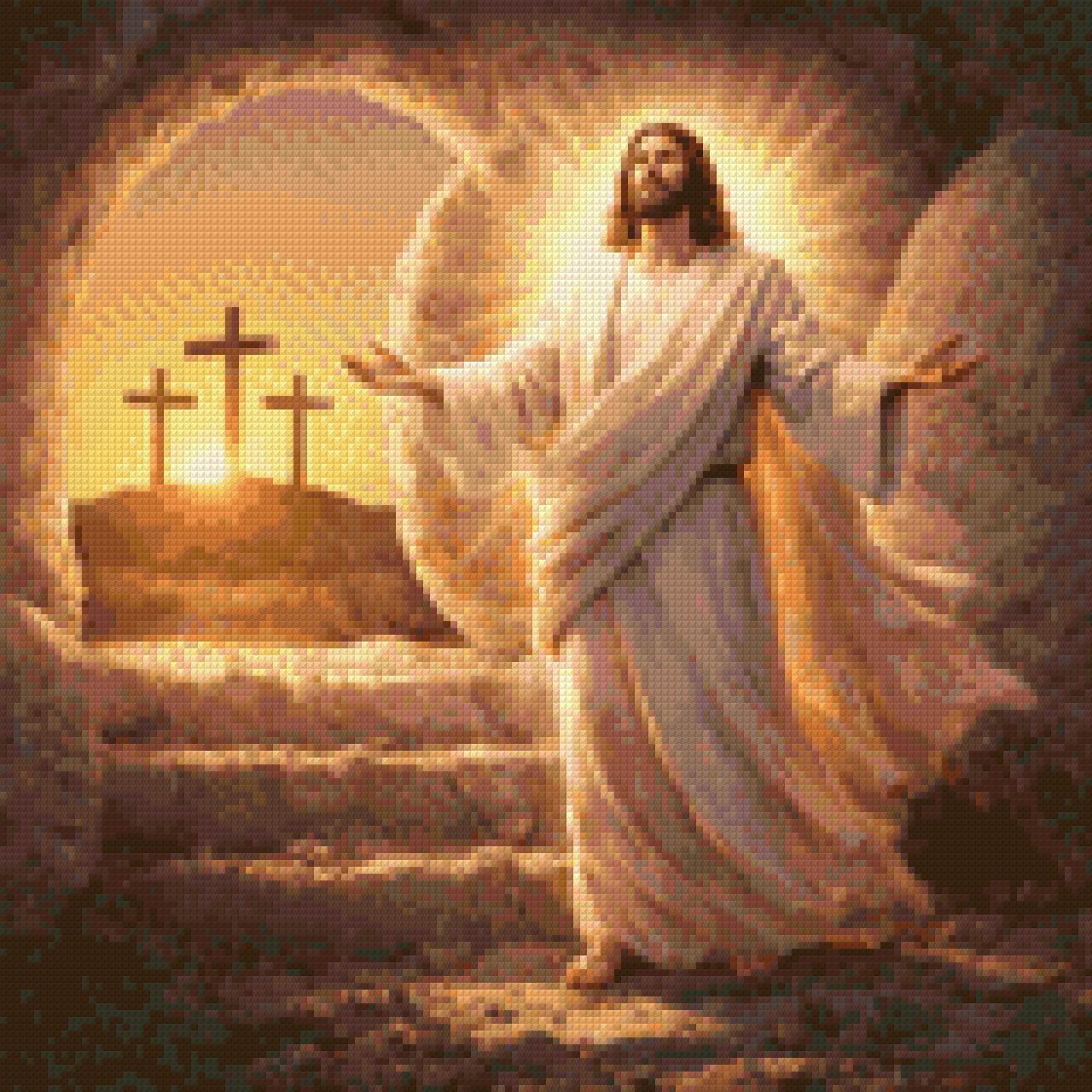 Radiant figure in flowing robes emerges from a tomb, with three crosses on a hill at sunrise. Size - 40cm x 40cm